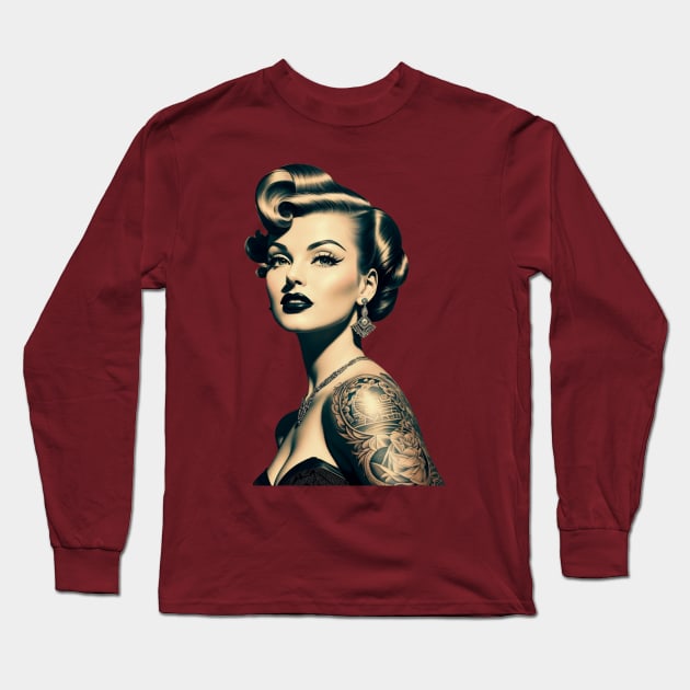 Vintage 1950s Pin Up Girl with Tattoos Long Sleeve T-Shirt by RetroSalt